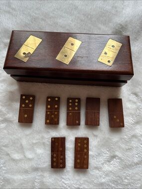 THE BOMBAY COMPANY Vintage Mahogany Domino Set Brass Inlays Classic Collectable